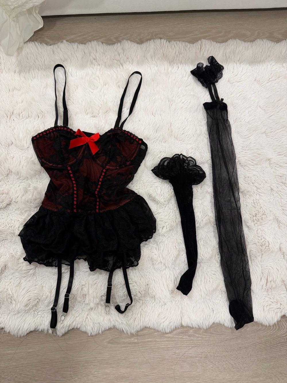 Black & Red Lace Corset Babydoll with Garter and Sheer Stockings
